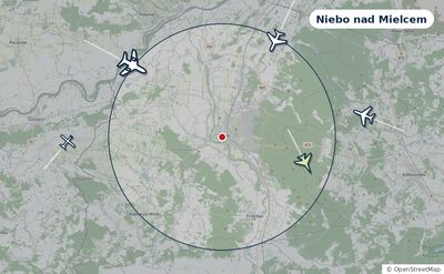 Mapa okolic miasta z sylwetkami samolotów — Niebo nad Mielcem